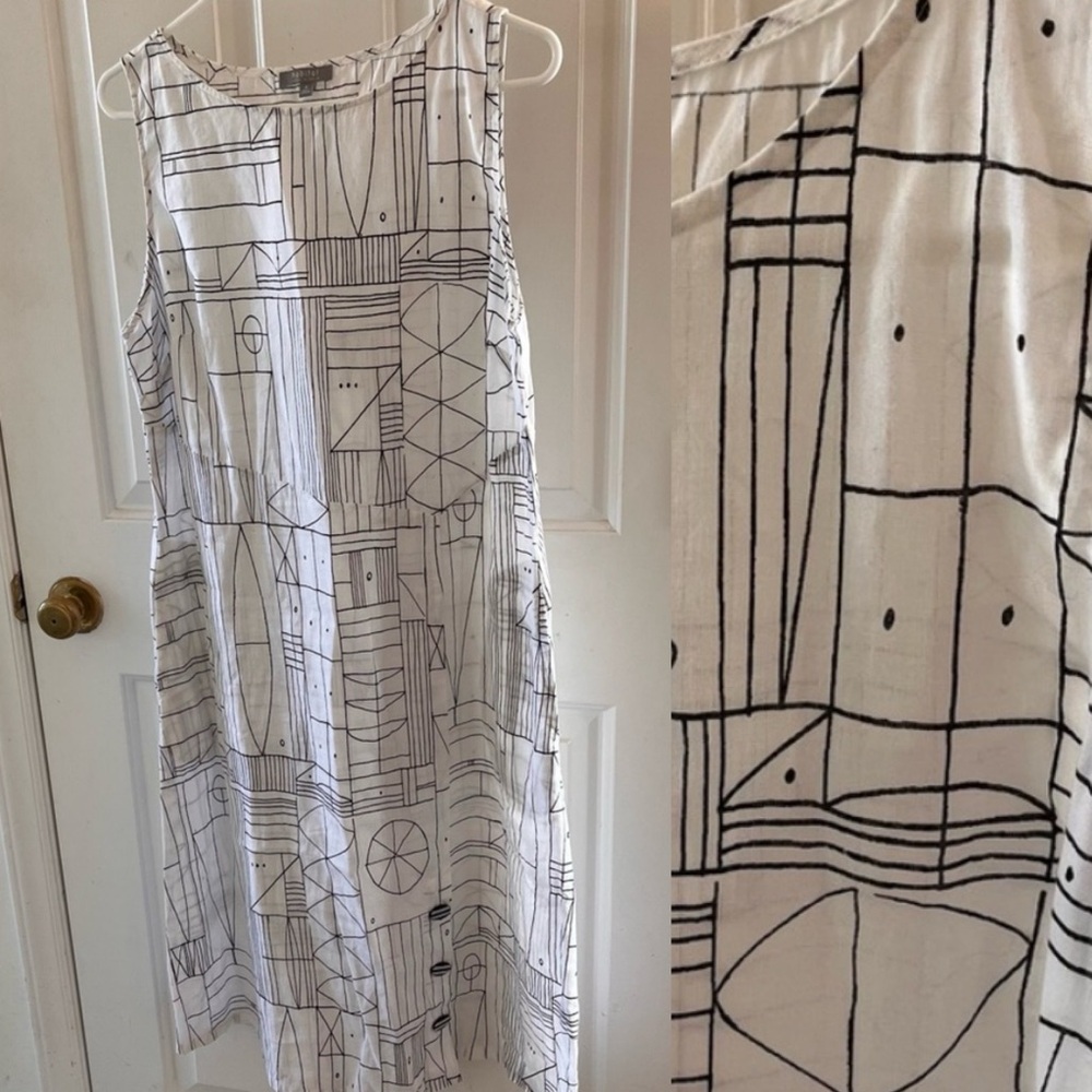 Habitat Geometric Scrib Tank Dress White w/Black Print Linen Cotton Buttons Midi